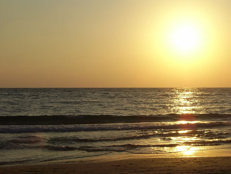 Sunset, Sea, Beach, Ocean, Nature, beautiful, horizon over water HD wallpaper