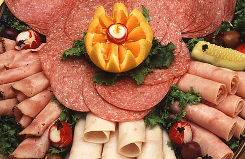 bunch of ham, cold cuts, meat, salami, turkey, sandwich, food HD wallpaper