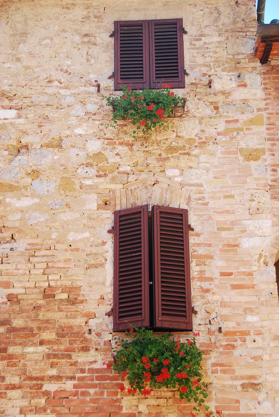 Windows, Flowers, Bricks, saint gimignano, tuscany, italy, tourism HD wallpaper