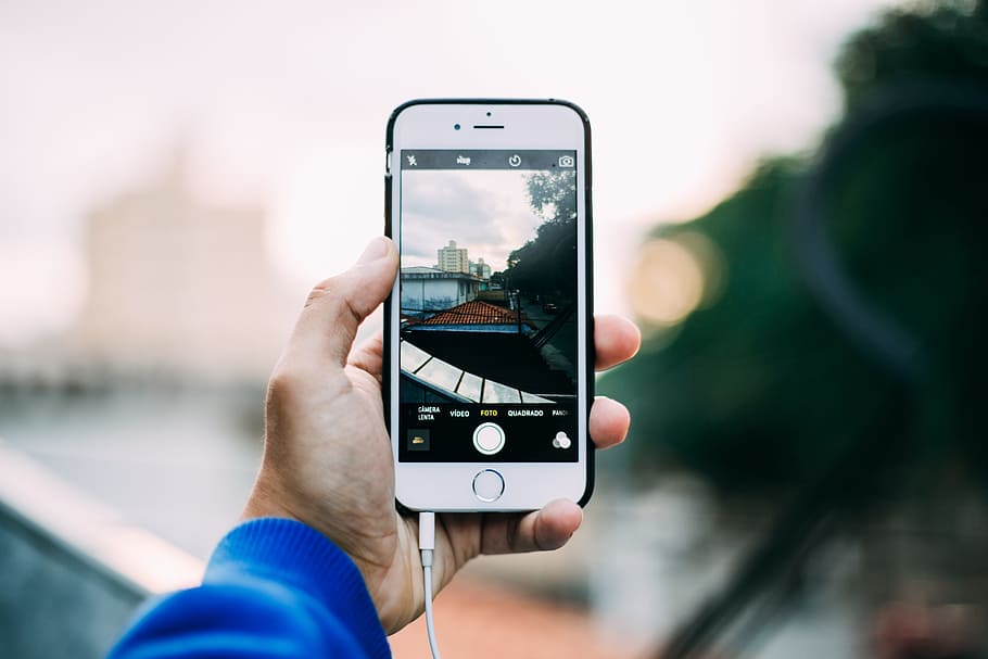 silver iPhone 6 with black case, camera, hand, mobile phone HD wallpaper