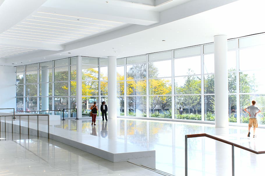 people standing on white concrete, people inside building, modern HD wallpaper