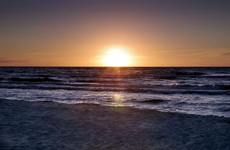 sunset, beach, water, the waves, sand, the sun, sea, summer HD wallpaper