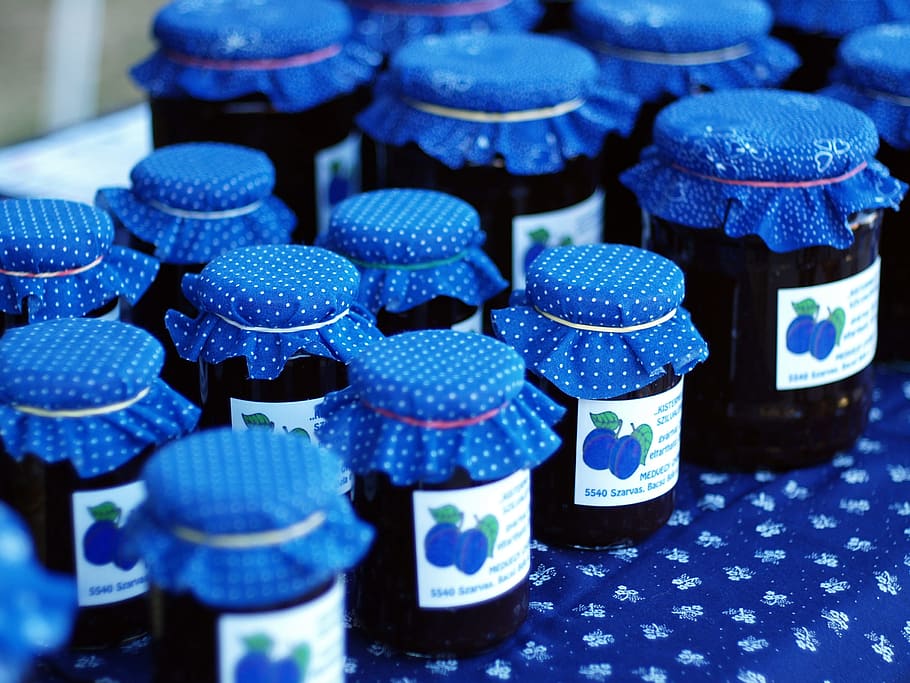 labeled jar on table, plum, fruit, blue, purple, sweet, vegetable HD wallpaper