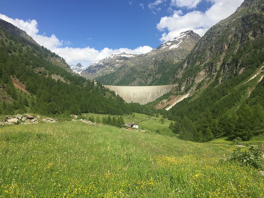 dam, mountain, prato, valle, landscape, mountains, green, scenics - nature HD wallpaper