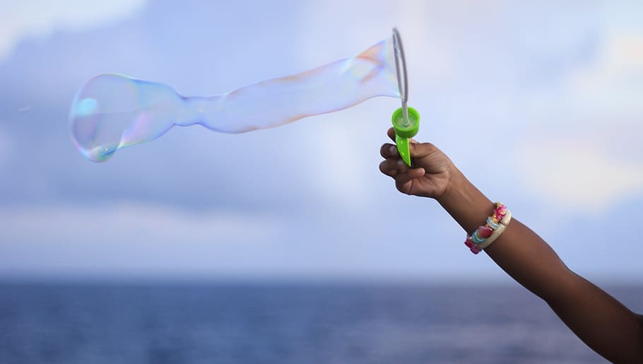 person wearing white and red bracelet, bubble, play, toy, happy HD wallpaper