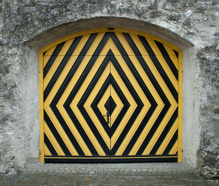 goal, yellow, black, striped, door, wooden gate, castle, fortress entrance