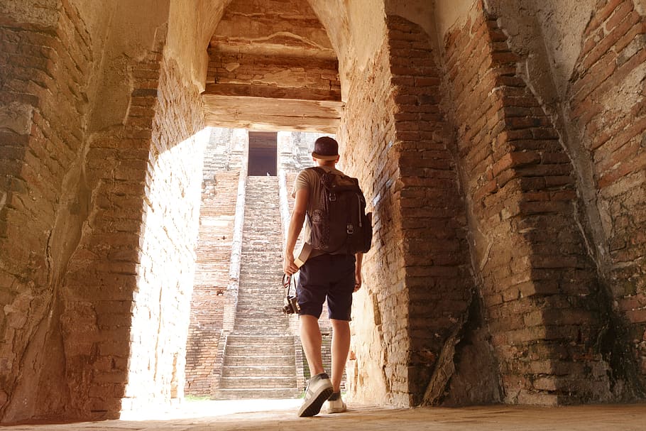 stairs, man, person, bricks, attraction, backpack, brickwall HD wallpaper