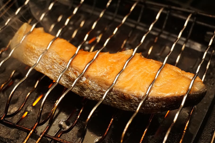 salmon, grilled salmon, grilled fish, fillet, food, japanese food HD wallpaper