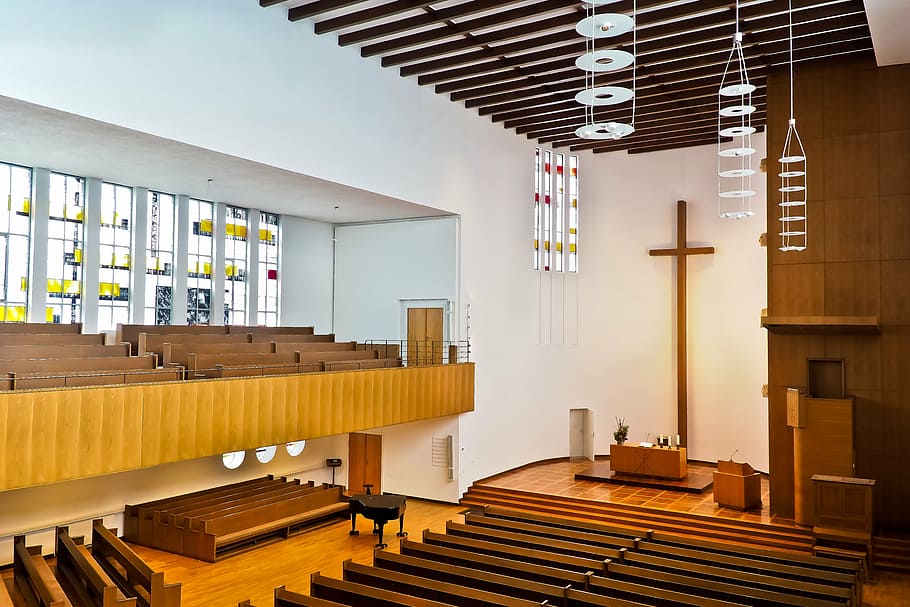 brown church interior, cross, faith, religion, architecture, altar