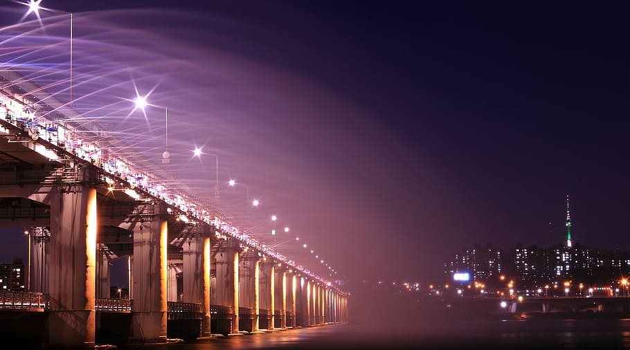 architecture, blur, bridge, buildings, city, dark, dawn, dusk HD wallpaper