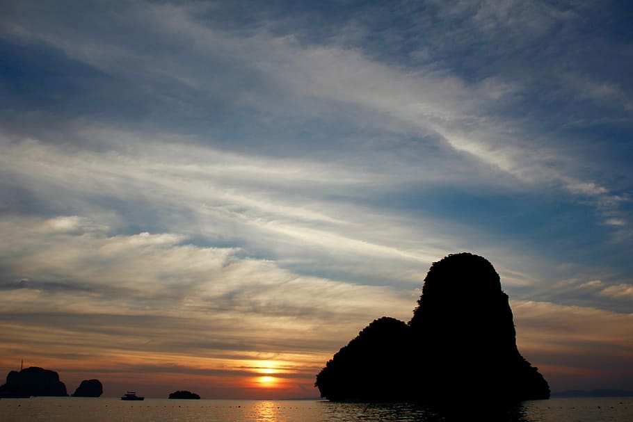 island, rock, sunset, shadow, sea, ocean, thailand, boot, coast HD wallpaper