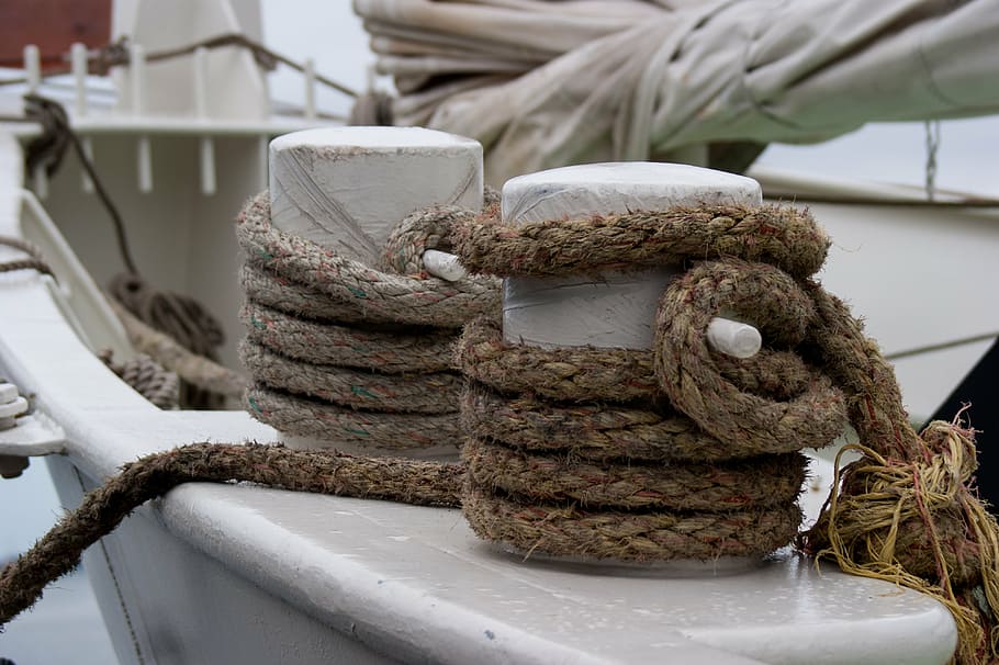 ship, harness lines, rigging, bollard, port, rope, focus on foreground
