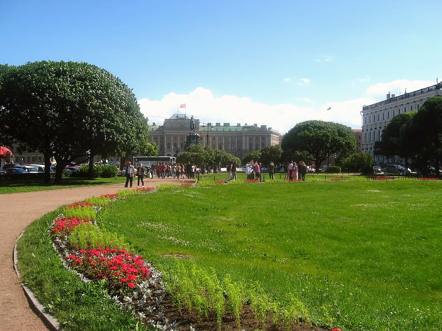 park, lawn, flower, trees, people, sky, blue, holy, isaac, square HD wallpaper
