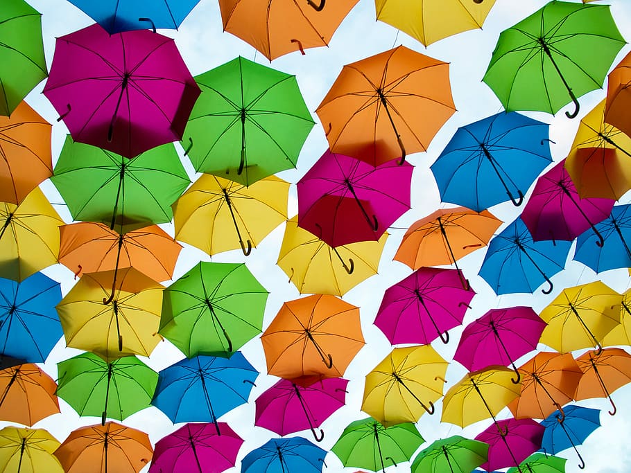 worm's-eye view photography of umbrellas, assorted-color umbrella lot HD wallpaper
