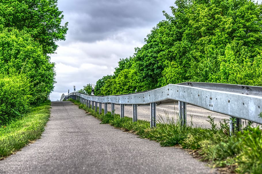 high-saturation photography of gray pavement road beside two green trees under nimbus clouds HD wallpaper