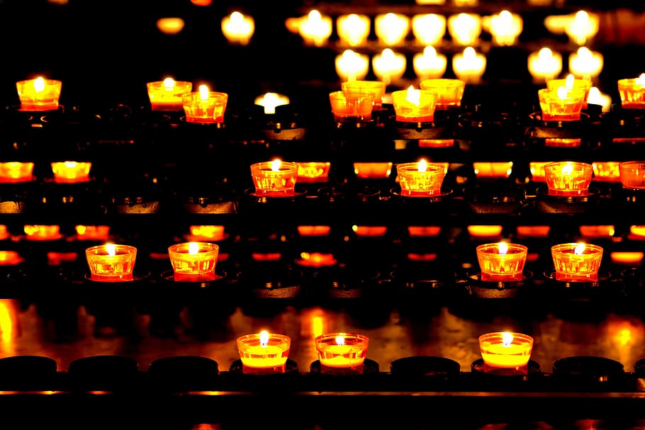lighted candles during nighttime, lights, church, atmospheric, HD wallpaper