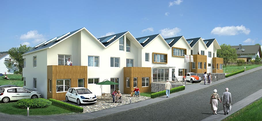 white and blue house beside concrete road, multi-family home HD wallpaper