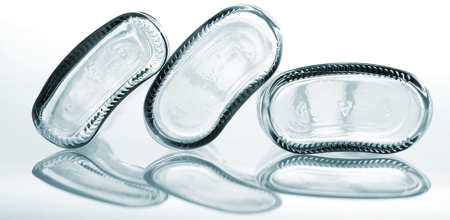 three clear glass bottles, abstract, clean, white background HD wallpaper
