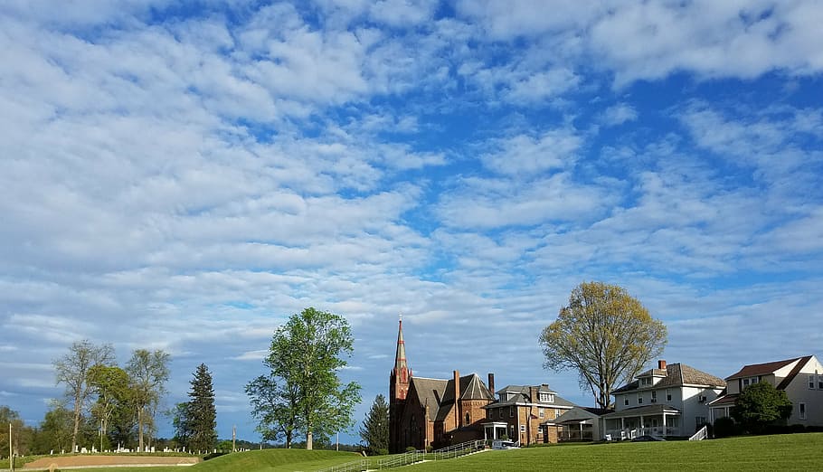 catholic, church, clouds, ohio, united states, cemetery, sky HD wallpaper
