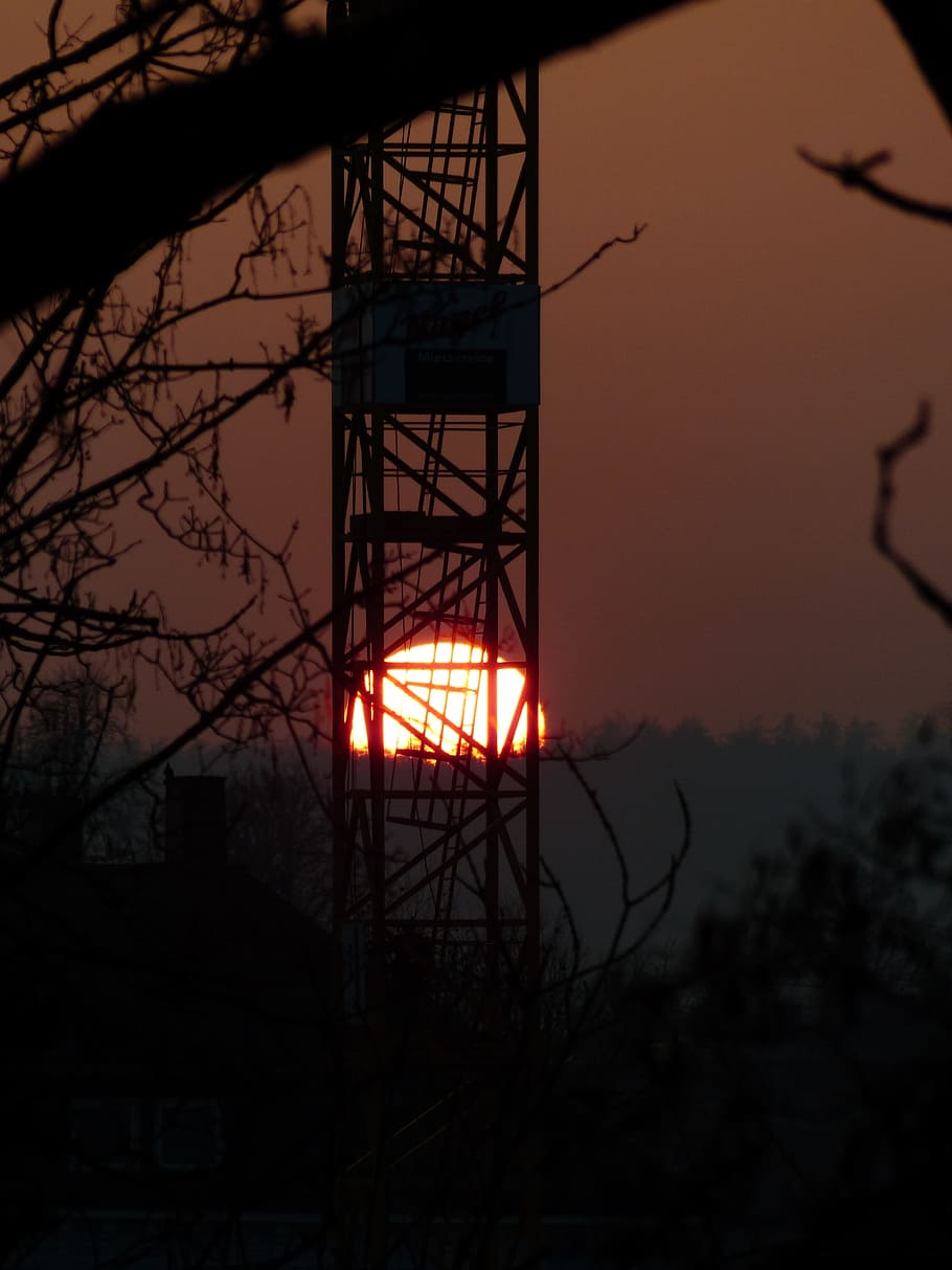 Scaffold, Sunset, baukran, solar disk, twilight, evening, fireball HD wallpaper