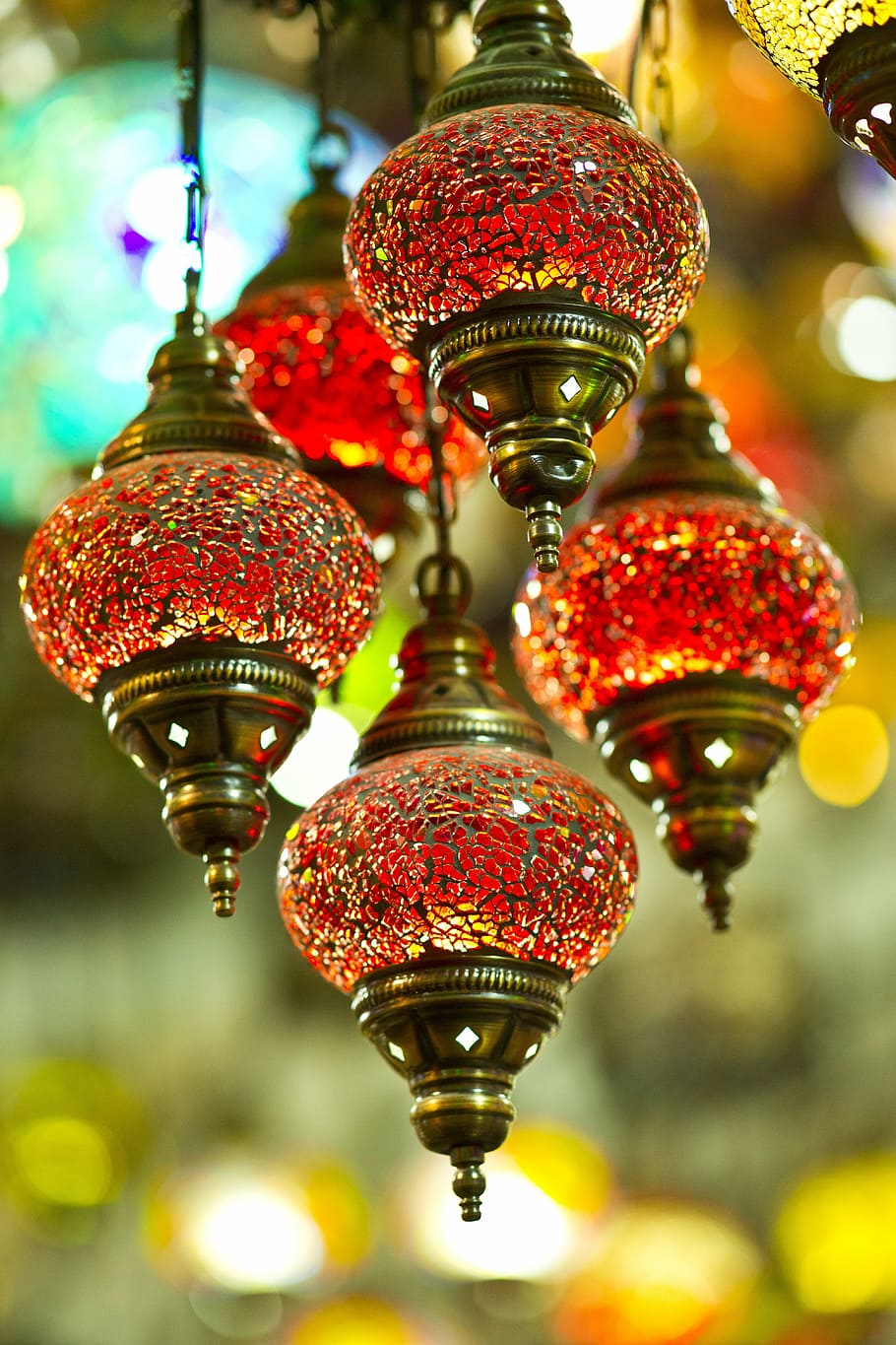 several pendant lamps, chandelier, red, istanbul, light, souvenir, HD wallpaper
