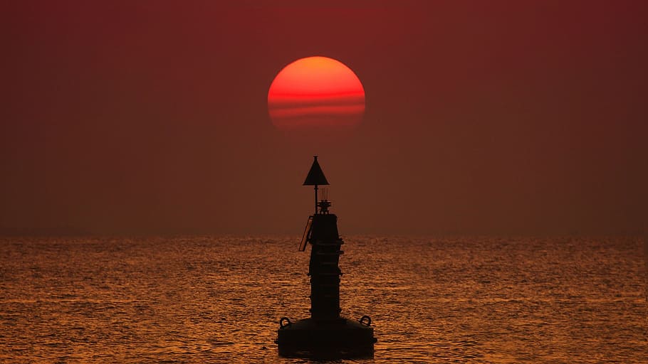 Sunset, Water, Ocean, Buoy, Dusk, Sky, orb, waves, silhouette HD wallpaper