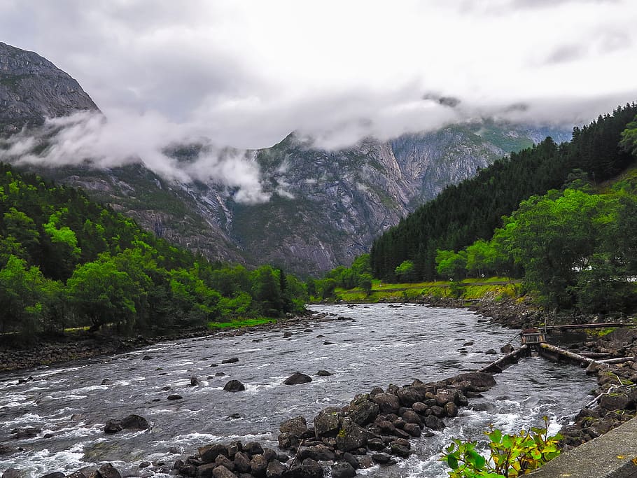 Calm River Near Mountains, clouds, daylight, flow, foggy, forest HD wallpaper