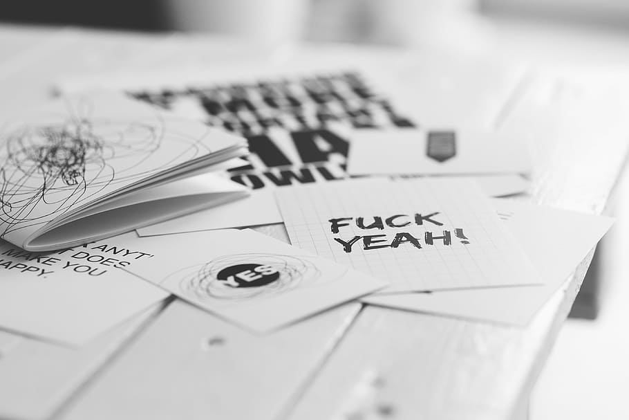 grayscale photo of cards, scratch, design, staff, paper, words HD wallpaper