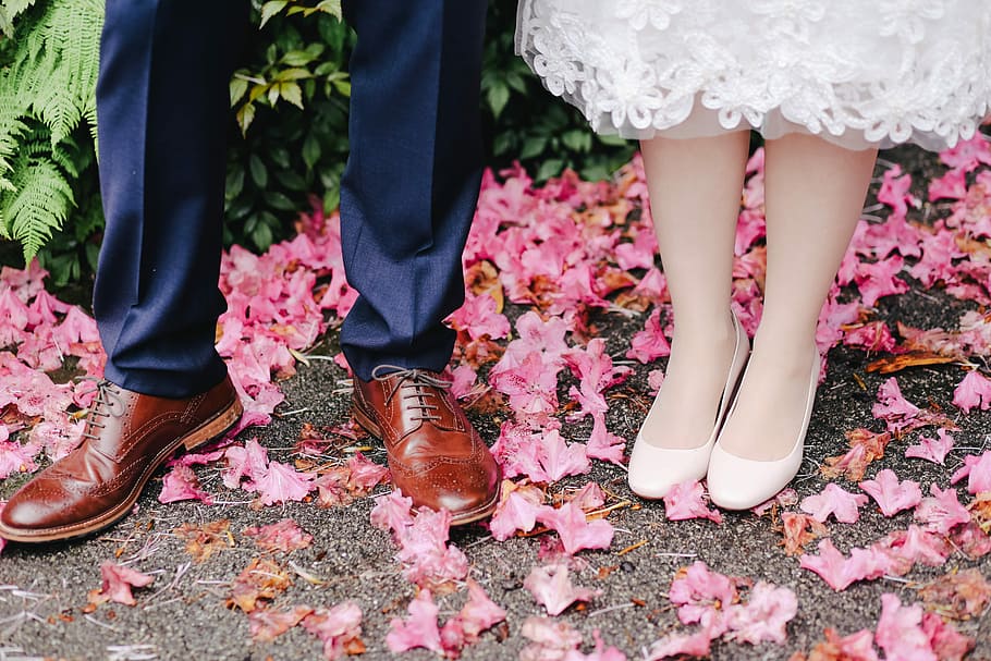 person wearing brown leather dress shoes, man and woman standing on pink flowers HD wallpaper