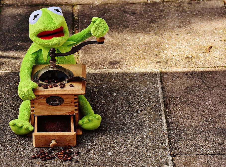 Kermit the Frog holding coffee press on stone surface, grinder