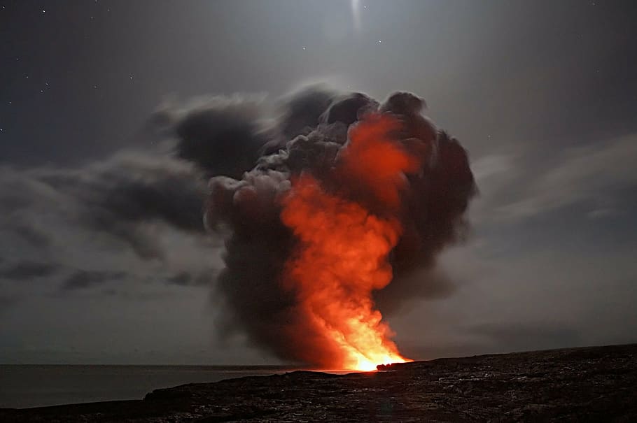 photo of volcano with smoke, hawaii, lava, cloud, ash, water