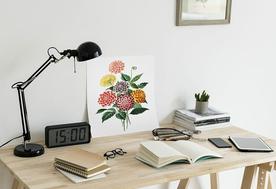 used side table, laptop, book, books, chair, clock, copy space HD wallpaper