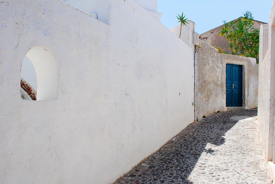 white concrete wall, greece, summer, santorini, architecture, HD wallpaper