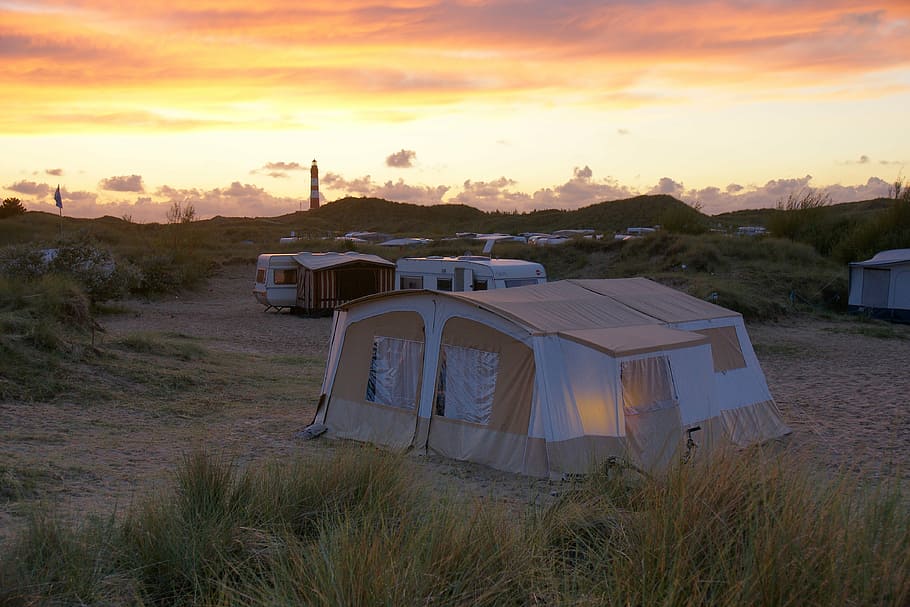 white and brown tent, campsite, folding caravan, amrum, sunset, HD wallpaper