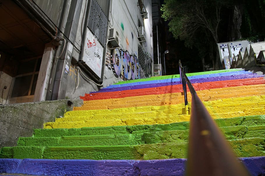 colors, stairs, rainbow, architecture, built structure, building exterior HD wallpaper