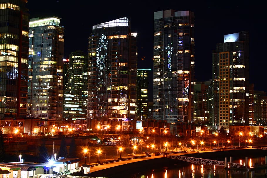 Vancouver, Night, Building, Canada, evening, urban, cityscape HD wallpaper