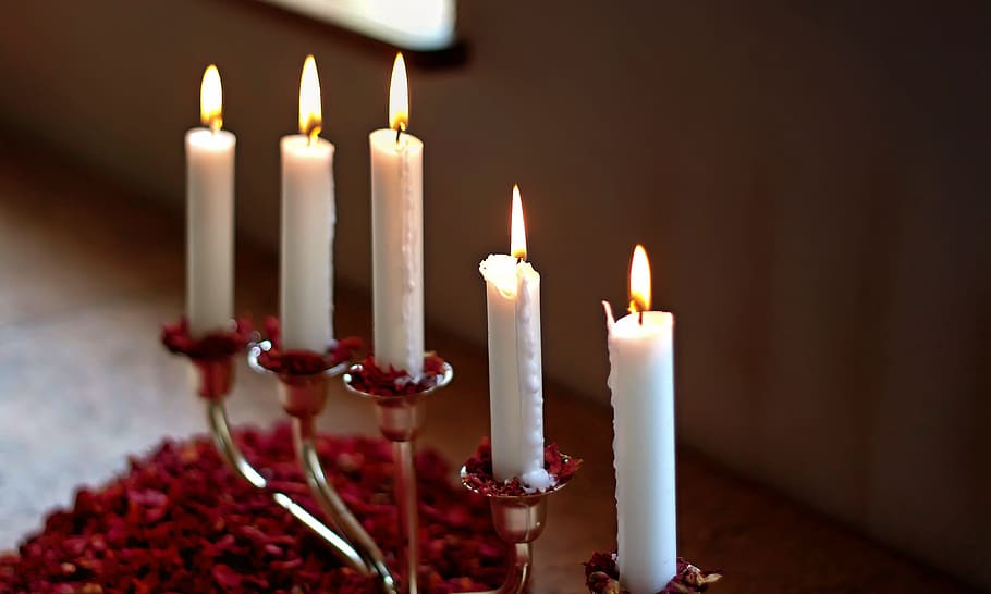 candles, candlestick, flame, white, candlelight, romantic, mood, HD wallpaper