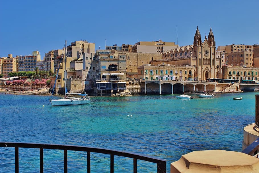 beige concrete church near body of water, malta, architecture HD wallpaper