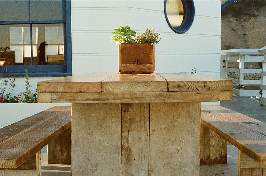 wood, bench, table, flowerpot, seat, wood - material, no people HD wallpaper