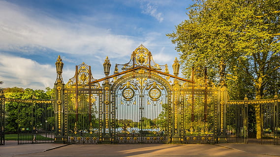 gold and gray metal gate, lyon, gates, park, architecture, historic HD wallpaper