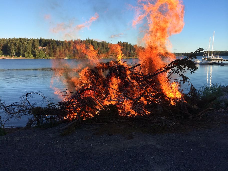 fire, midsummer, sea, bonfire, water, burning, lake, fire - natural phenomenon HD wallpaper