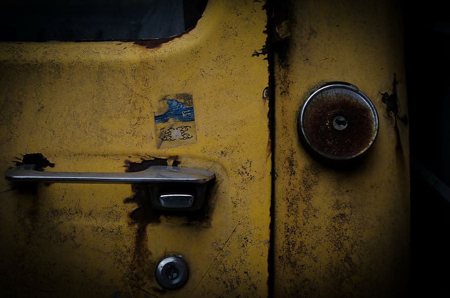 door, yellow, old, rusty, port, brown, closed, old door, urban HD wallpaper