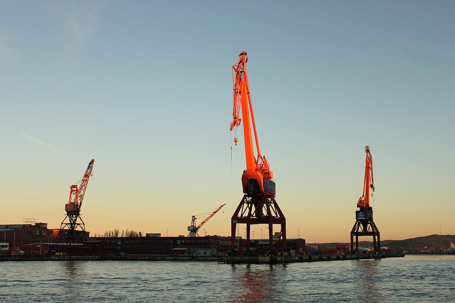 gothenburg, port, cranes, morning sun, sunrise, gota river, HD wallpaper