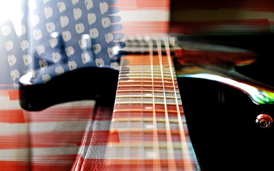 closeup photo of guitar strings, flag, usa, banner, electric guitar