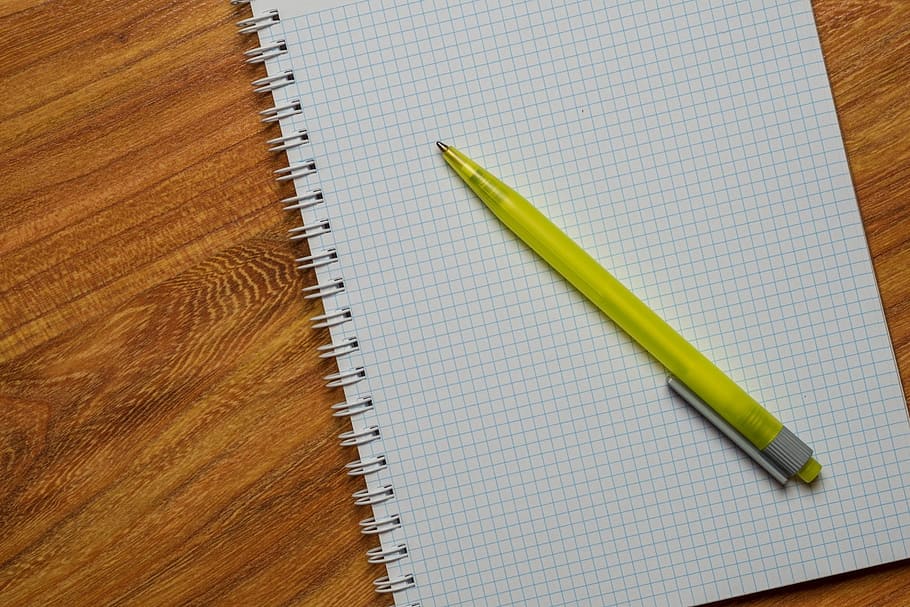yellow click pen on top of white graphing paper, green, ballpoint pen, HD wallpaper