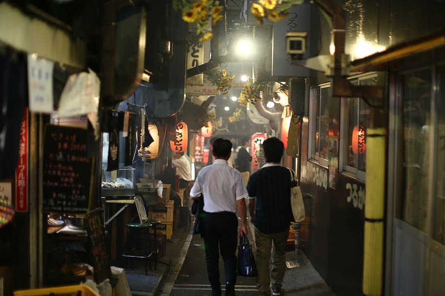 two person walking near stores, city, tokyo, street view, shinjuku, HD wallpaper