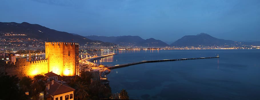 alanya, night, beach, city, blue, turkey, turquoise coast, antalya, HD wallpaper
