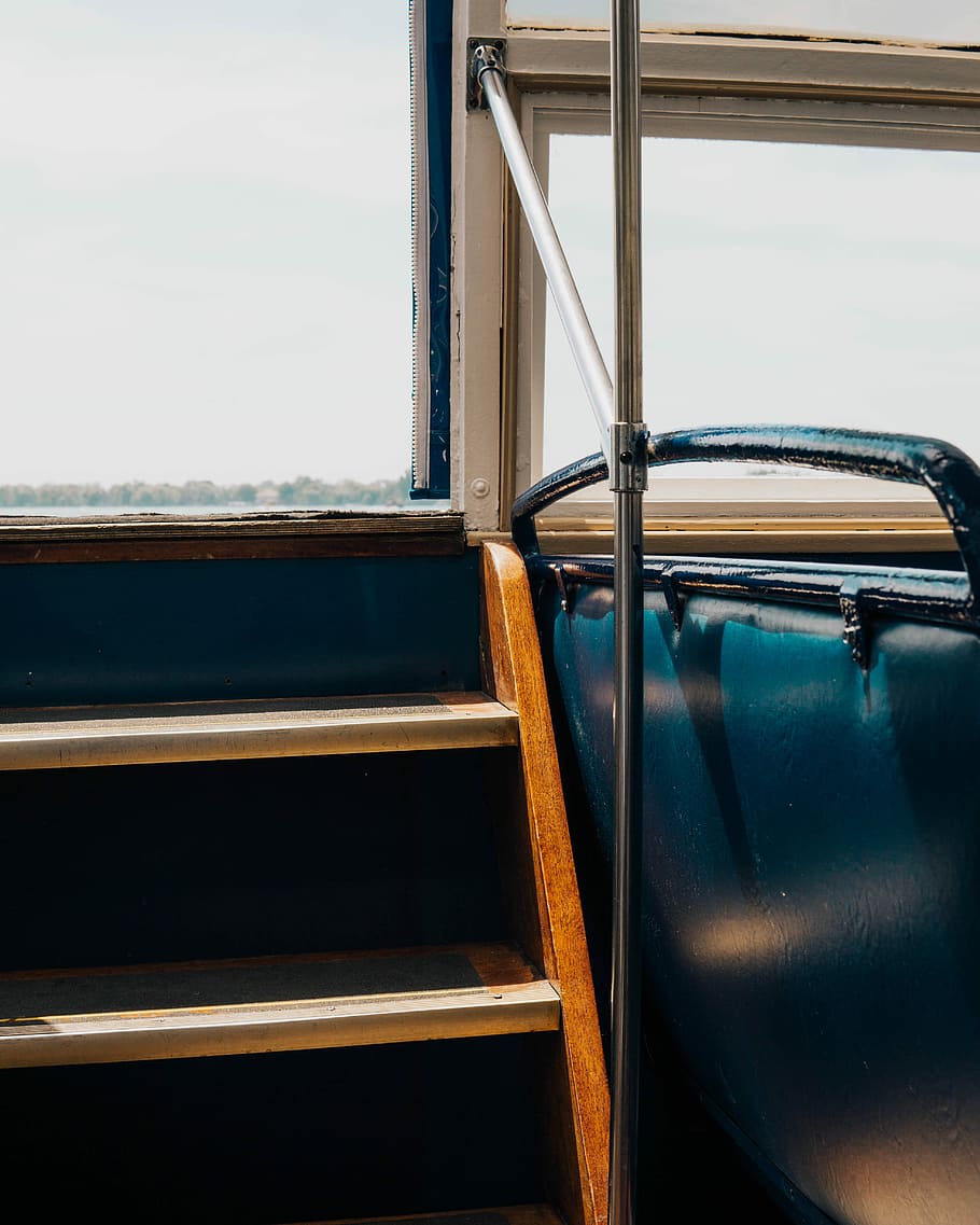 photo of staircase, brown wooden stair near blue chair, ship HD wallpaper