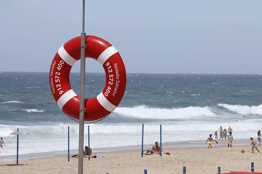security, red, beach, safety, mar, sea, water, horizon over water HD wallpaper