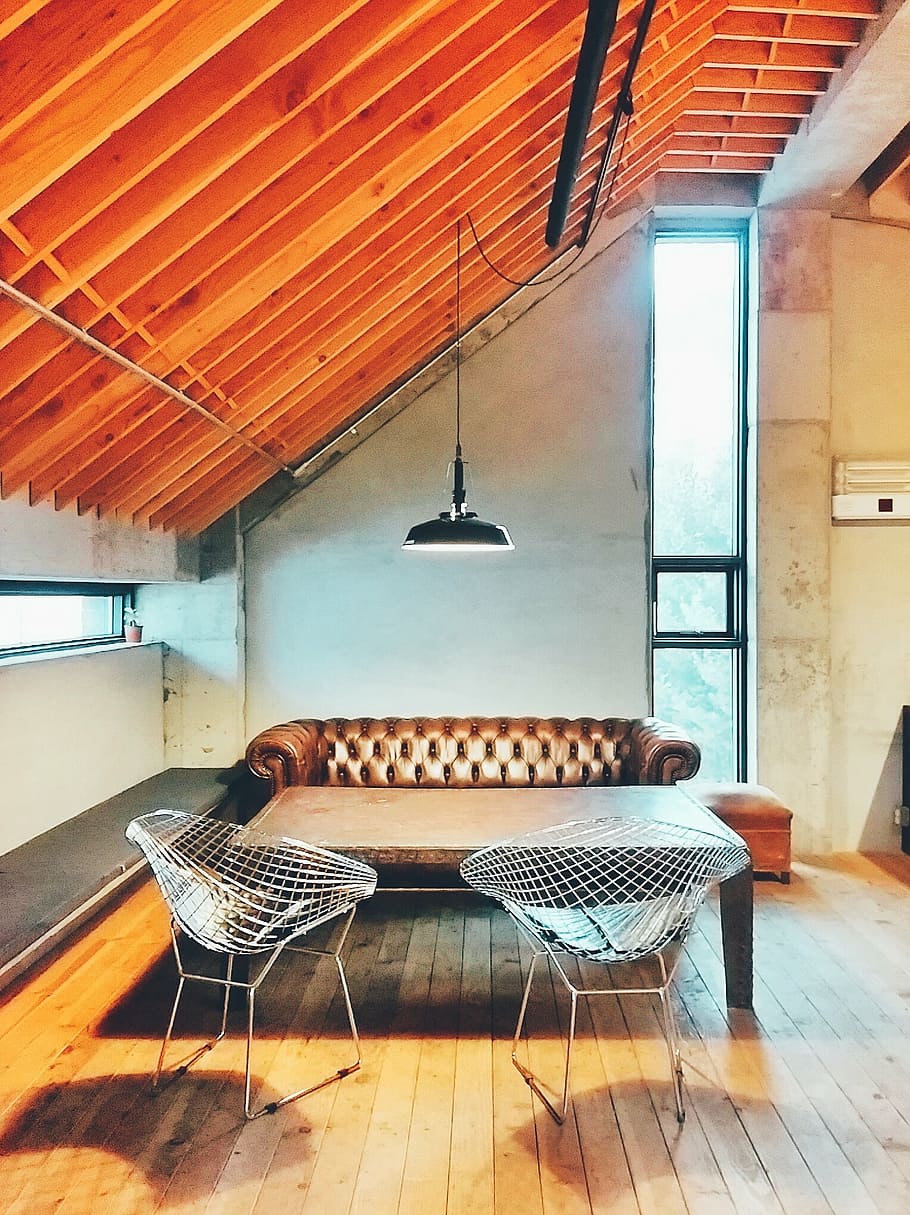 two gray metal chairs beside wooden center table, cafe, atmosphere HD wallpaper